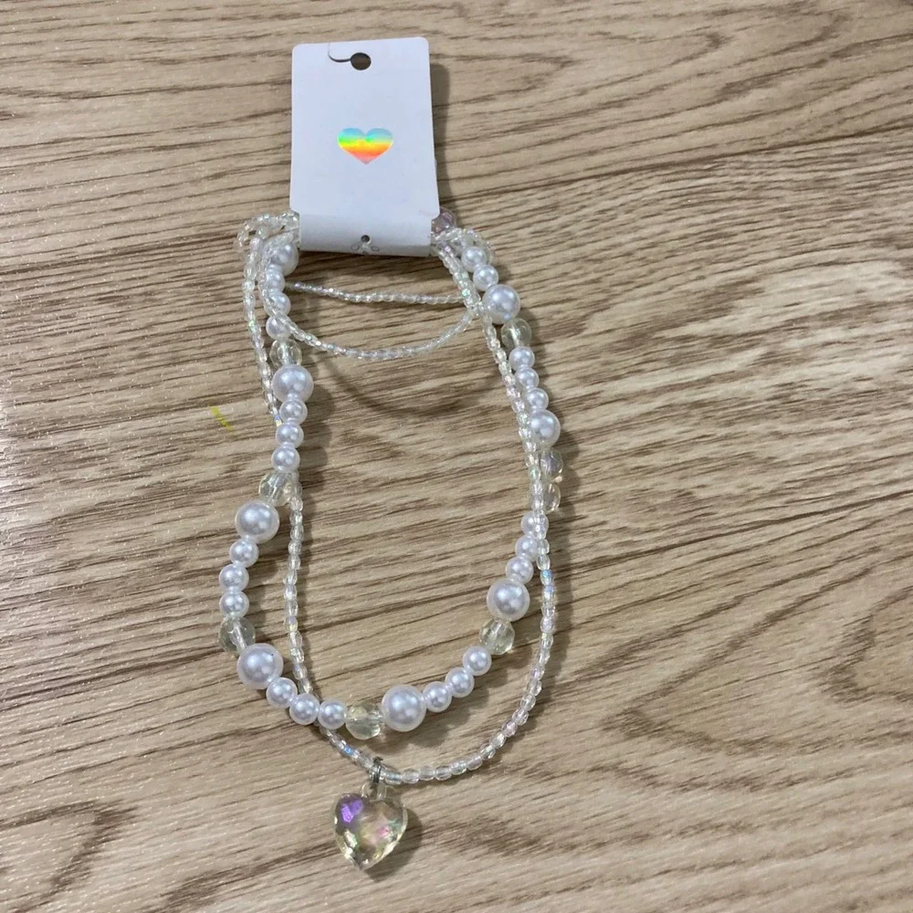 The Childrens Place Layered Heart Necklace Girls OS White New Iridescent BEADED